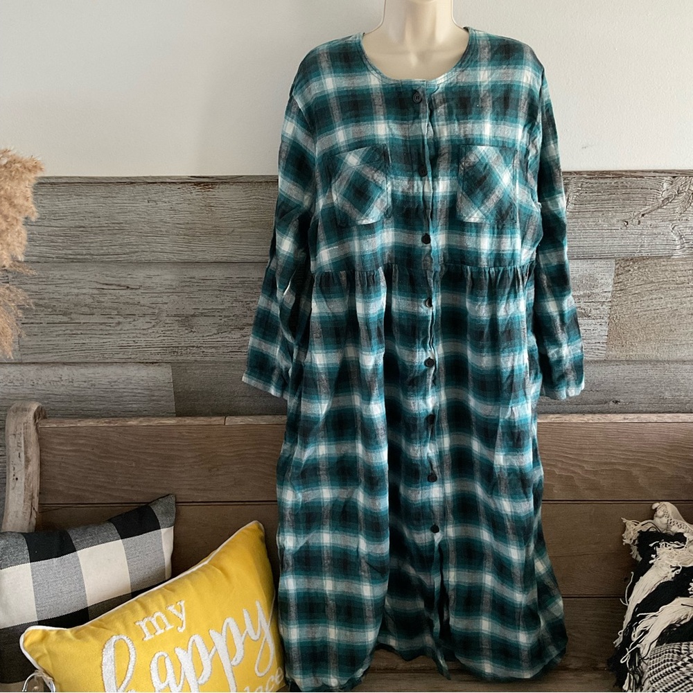 Hampton House teal/ gray plaid flannel shirt dress size 2X
